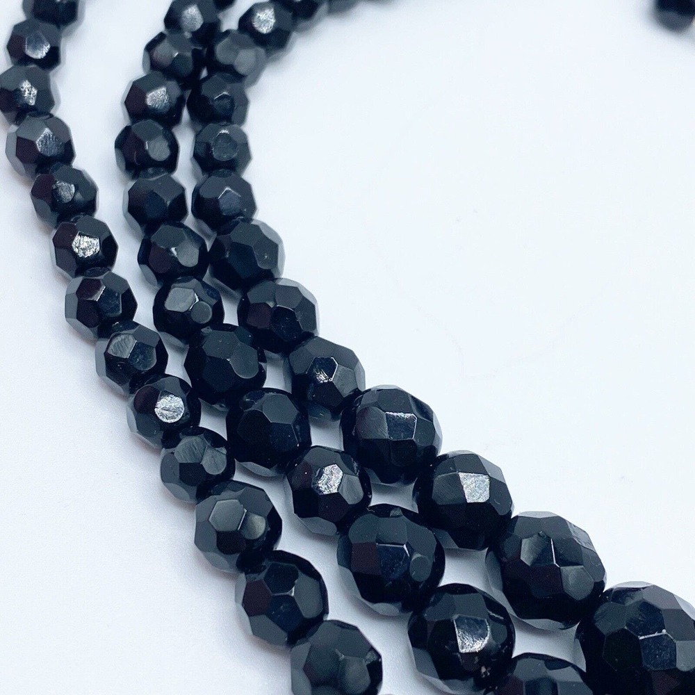Vintage Austria Black Faceted Glass Triple Strand Necklace Pierced Earrings Set - Picture 5 of 14